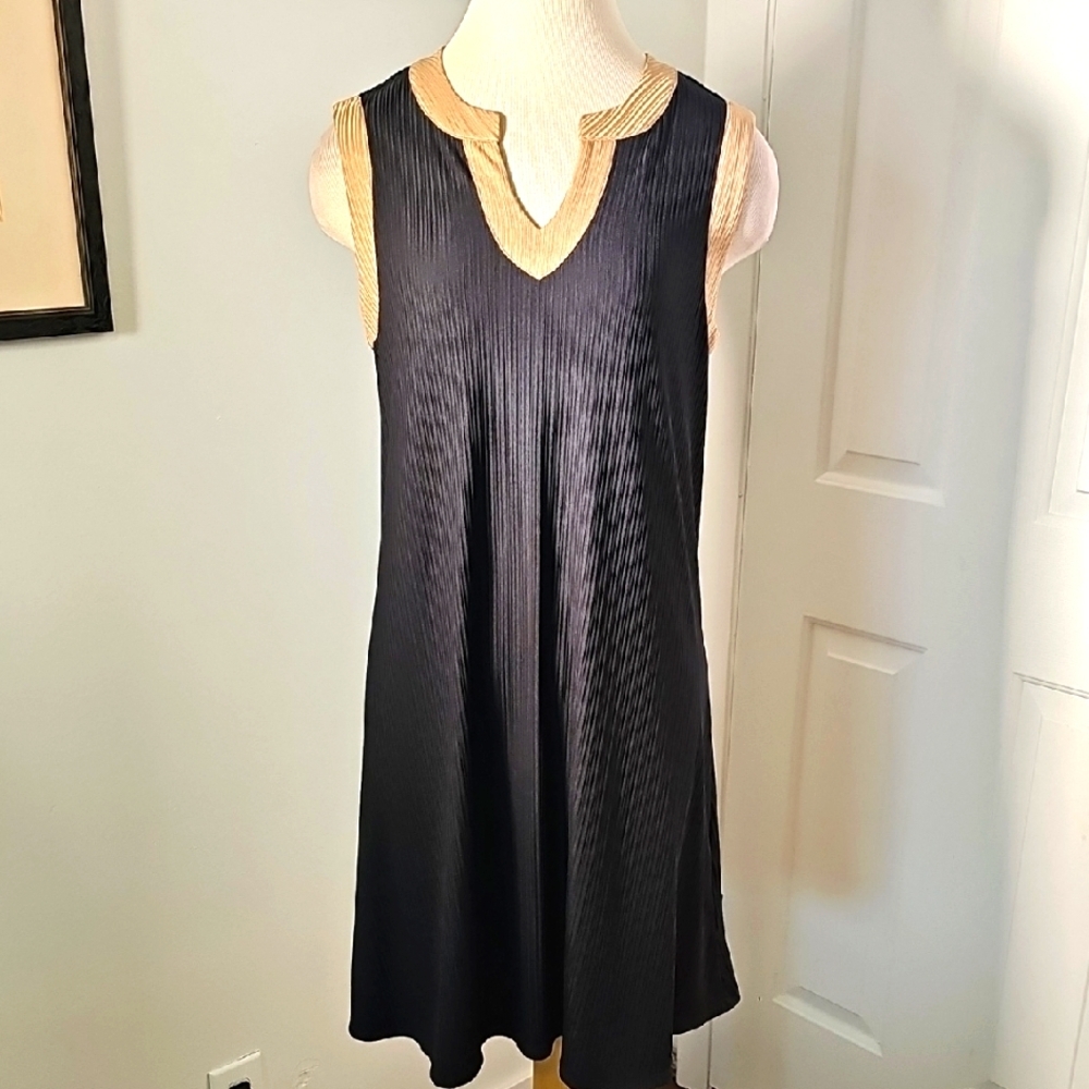 Elegant Black and Tan Sleeveless Dress V Neck Textured Fabric. Meduim